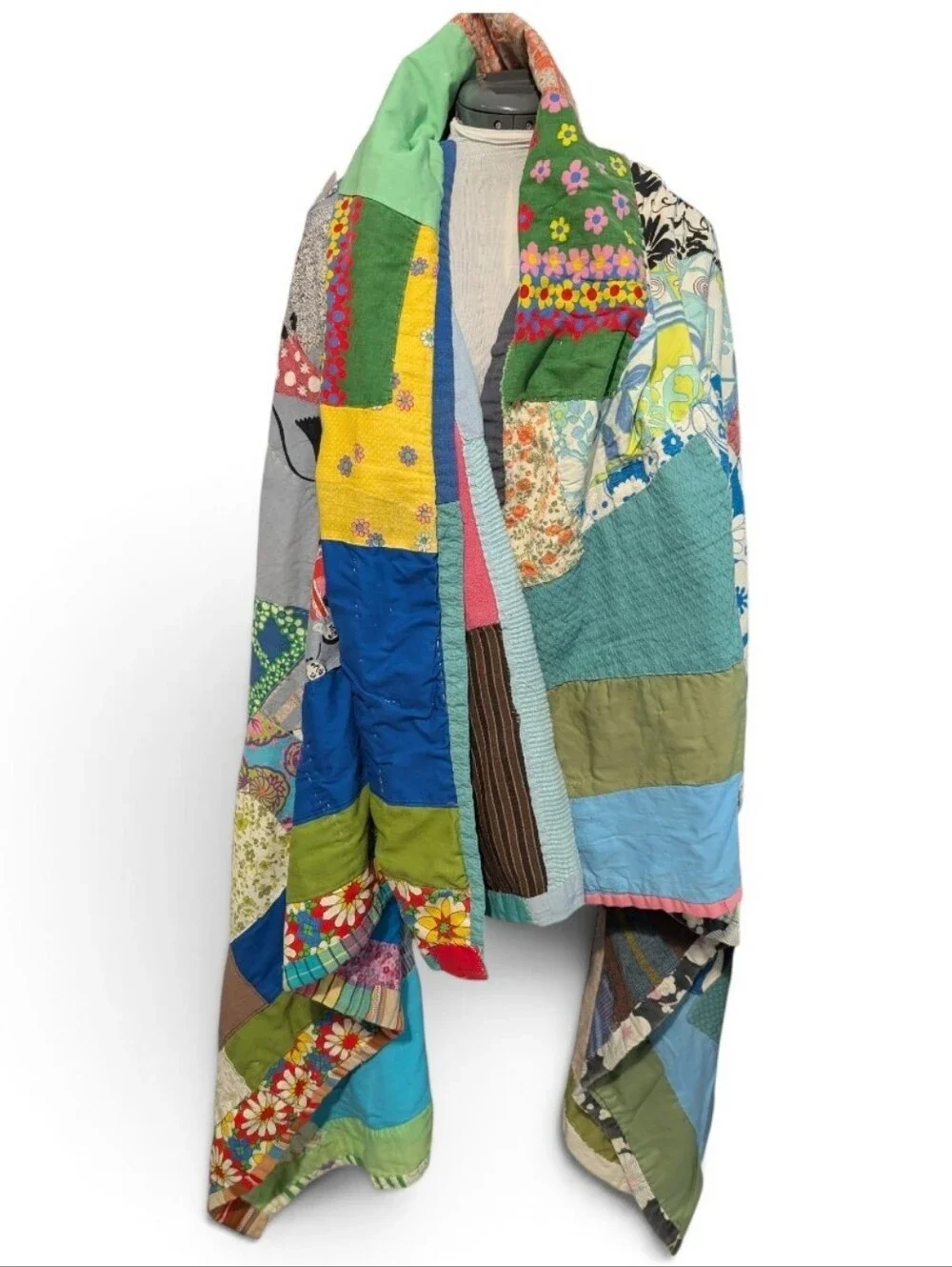 60s 70s Vintage Crazy Patchwork Multi Color Quilt